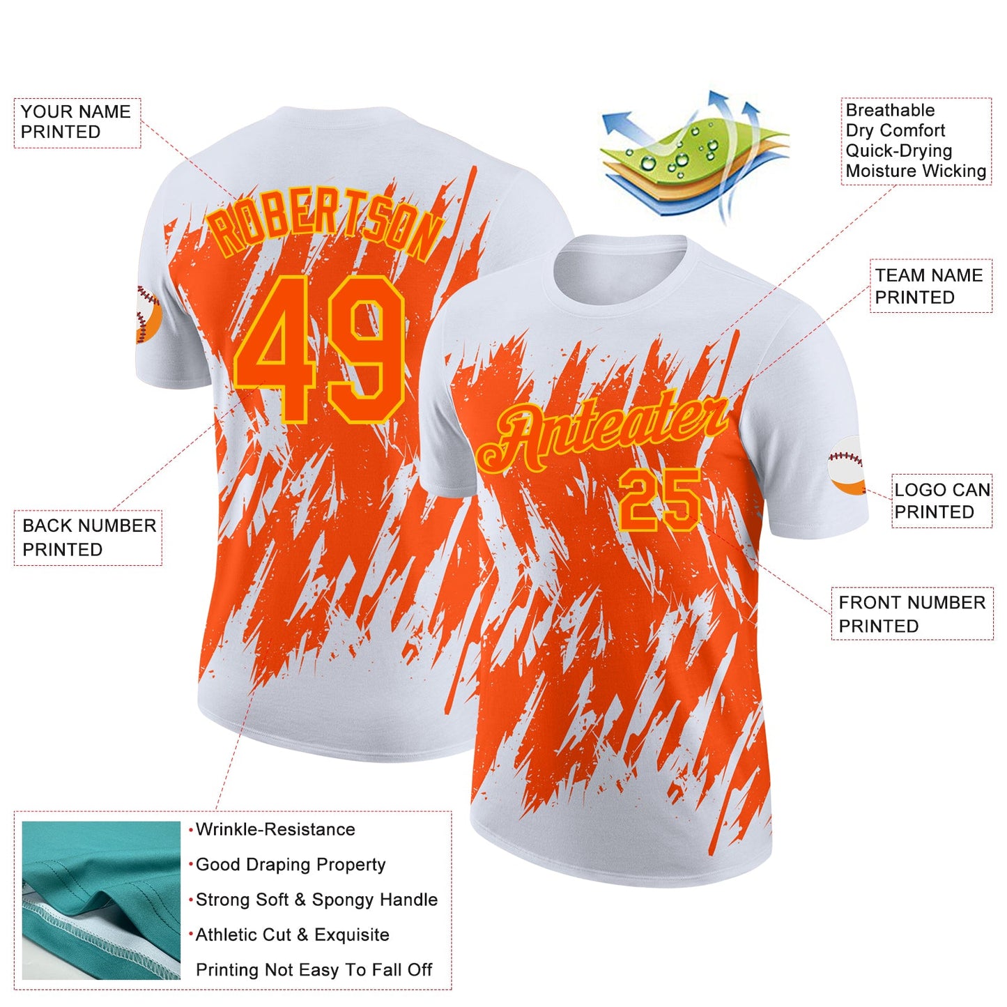 Custom White Orange-Yellow Torn Sharp Brush Stroke Splatter Performance T-Shirt view 2