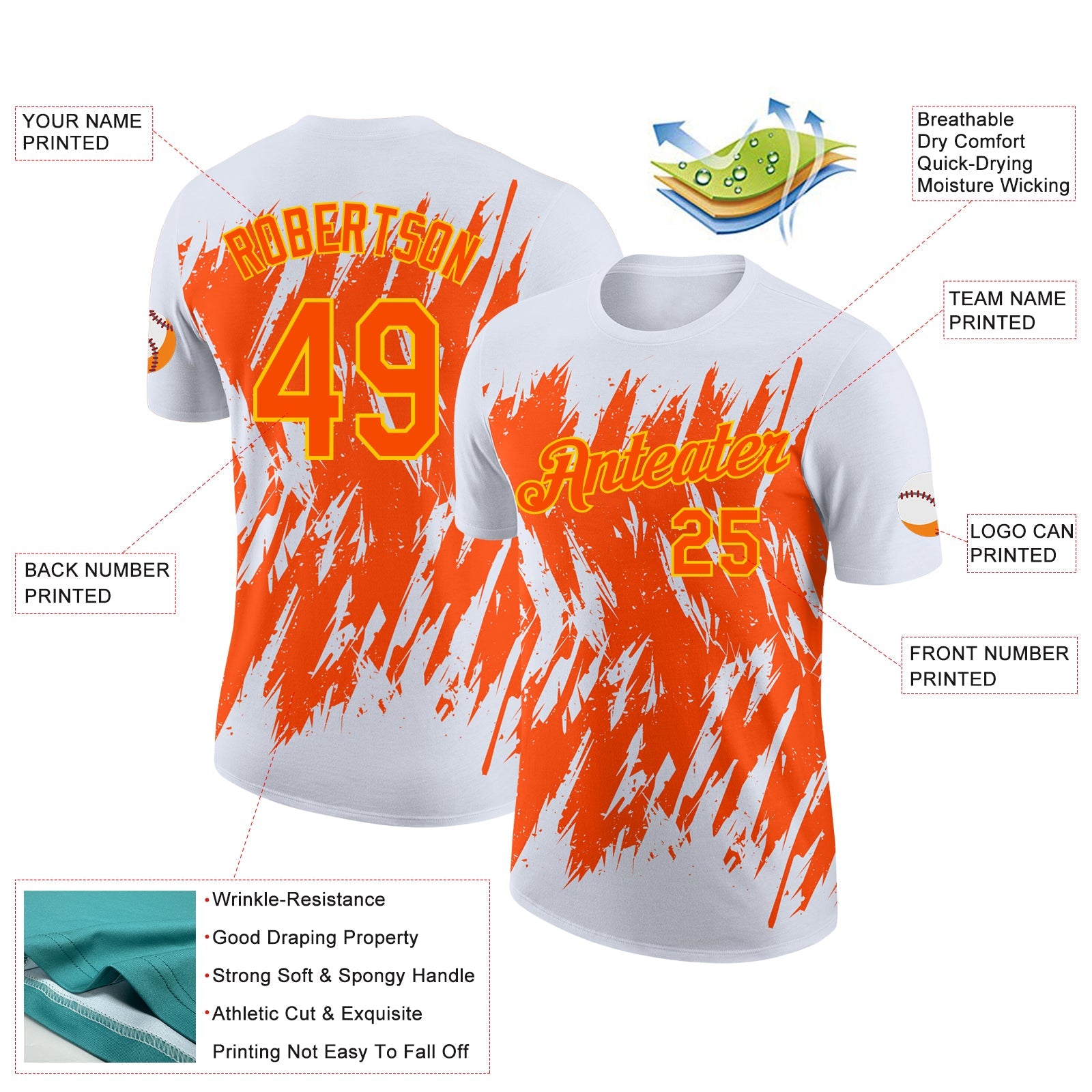 Custom White Orange-Yellow Torn Sharp Brush Stroke Splatter Performance T-Shirt view 2