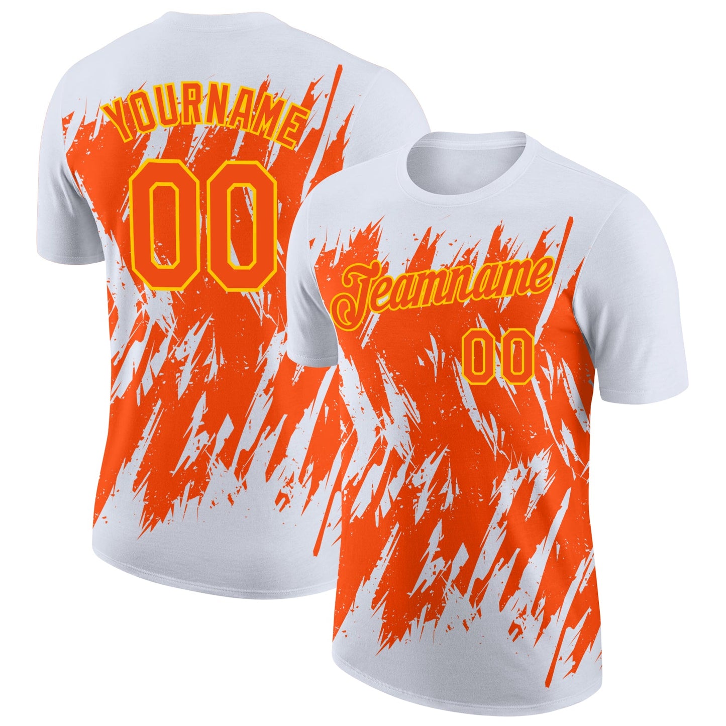 Custom White Orange-Yellow Torn Sharp Brush Stroke Splatter Performance T-Shirt - Main View