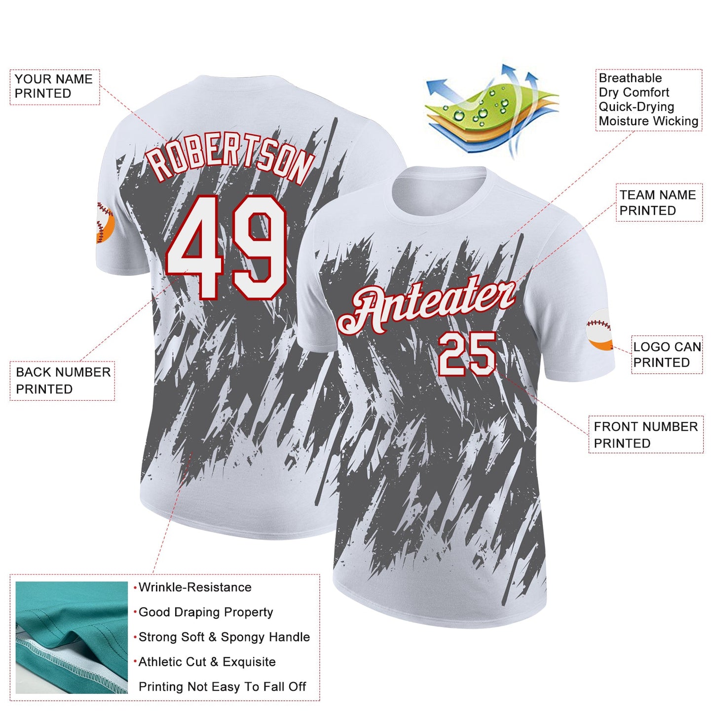 Custom White Steel Gray-Red Torn Sharp Brush Stroke Splatter Performance T-Shirt view 2