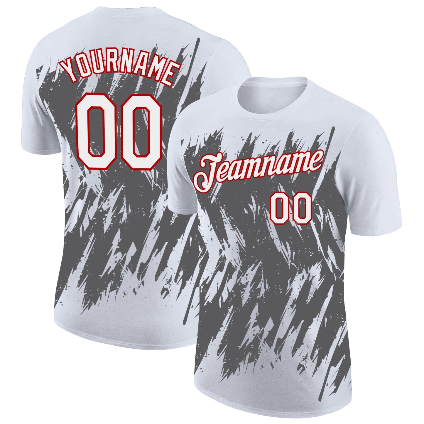 Custom White Steel Gray-Red Torn Sharp Brush Stroke Splatter Performance T-Shirt - Main View