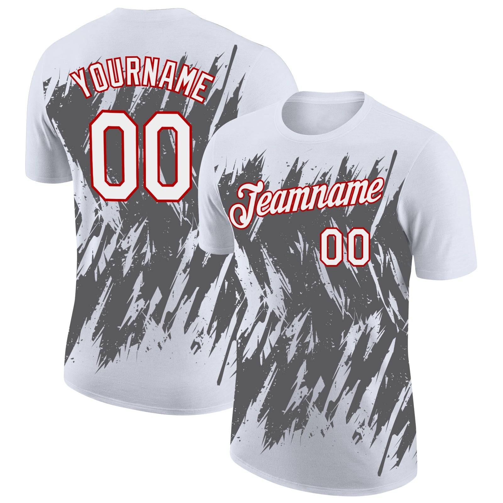 Custom White Steel Gray-Red Torn Sharp Brush Stroke Splatter Performance T-Shirt - Main View