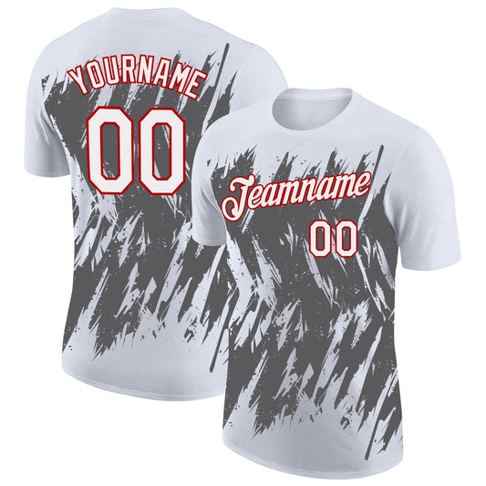 Custom White Steel Gray-Red Torn Sharp Brush Stroke Splatter Performance T-Shirt - Main View