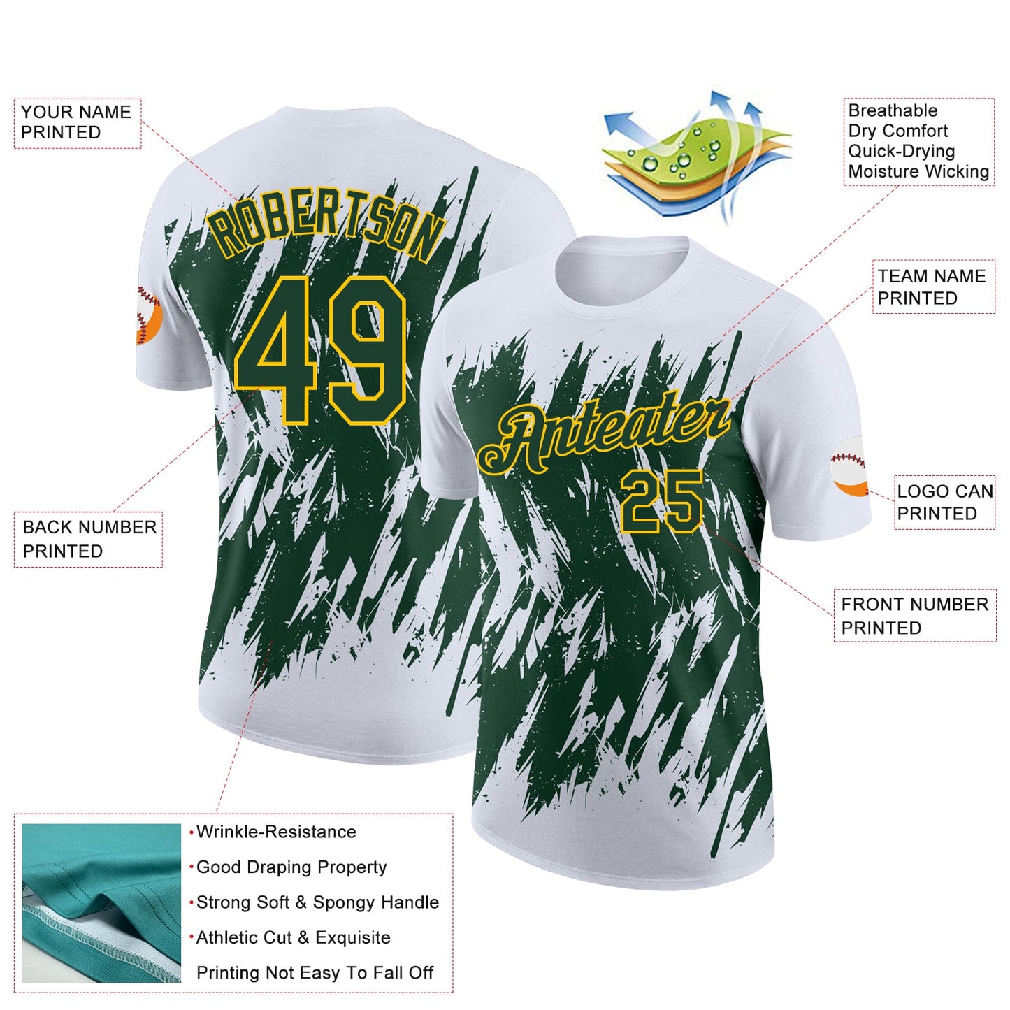 Custom White Green-Yellow Torn Sharp Brush Stroke Splatter Performance T-Shirt view 2