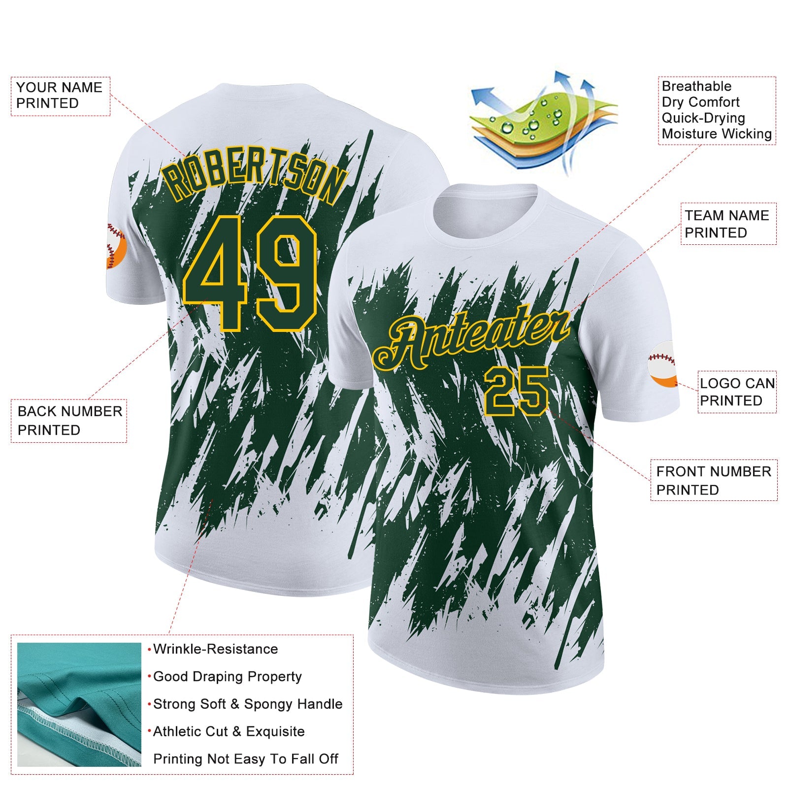 Custom White Green-Yellow Torn Sharp Brush Stroke Splatter Performance T-Shirt view 2