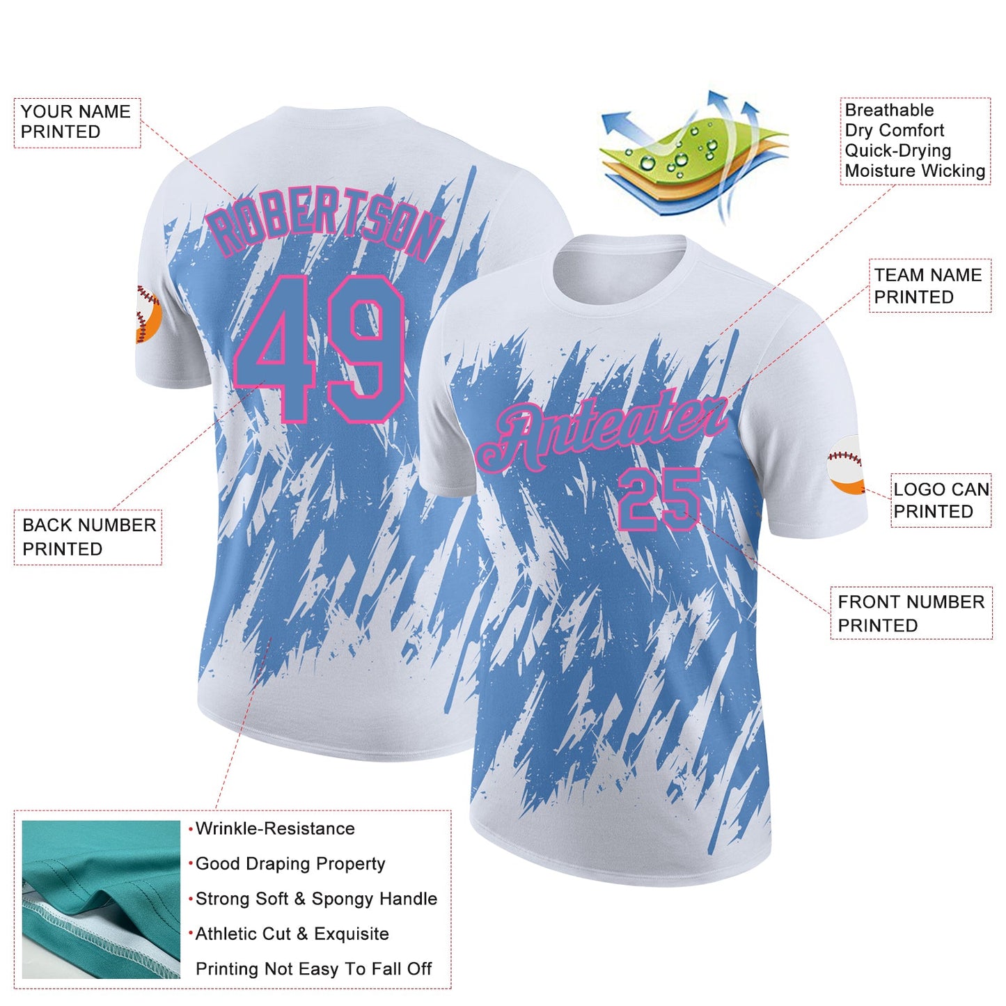 Custom White Light Blue-Pink Torn Sharp Brush Stroke Splatter Performance T-Shirt view 2