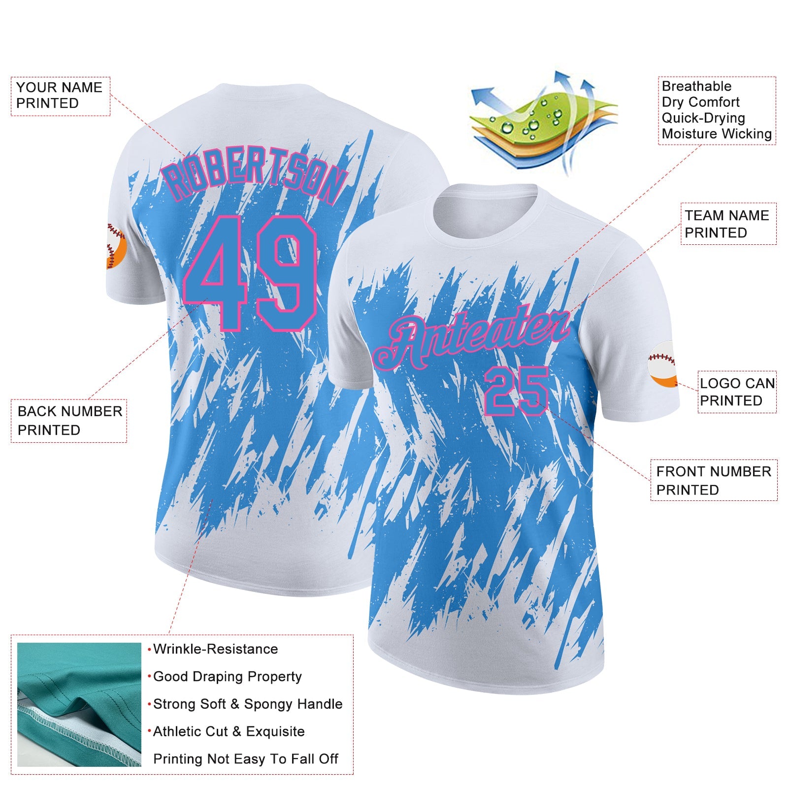 Custom White Powder Blue-Pink Torn Sharp Brush Stroke Splatter Performance T-Shirt view 2