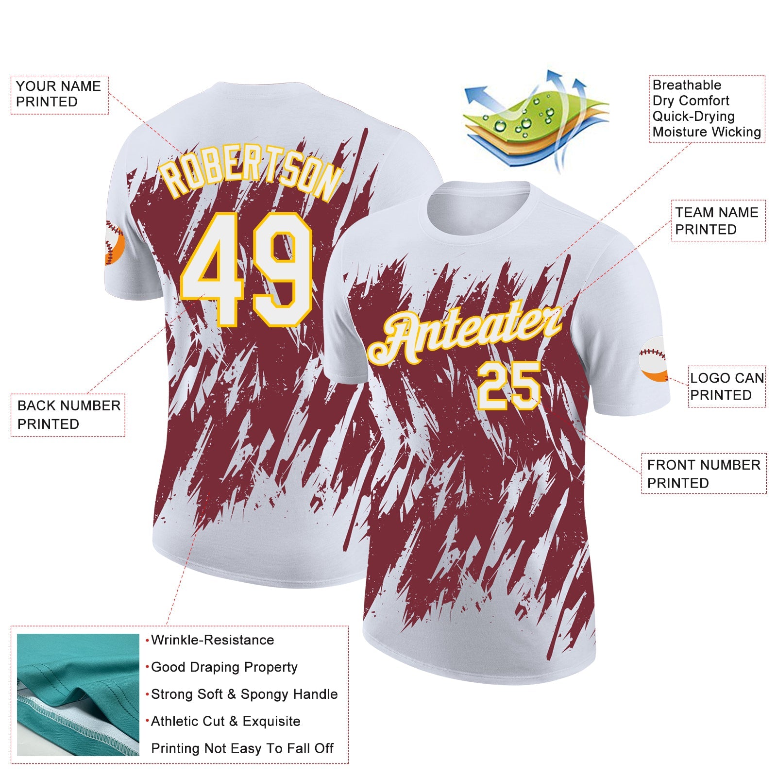 Custom White Burgundy-Yellow Torn Sharp Brush Stroke Splatter Performance T-Shirt view 2
