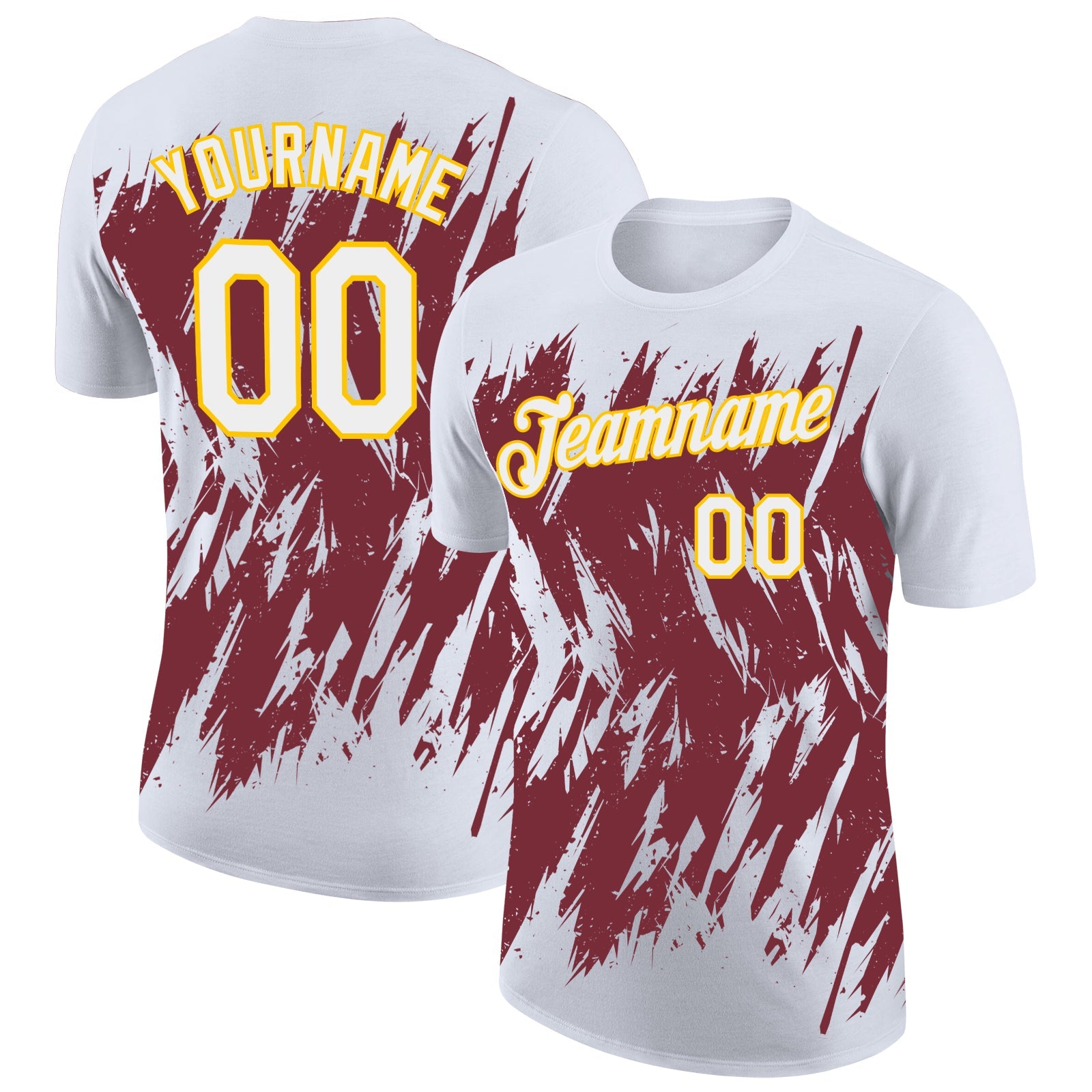 Custom White Burgundy-Yellow Torn Sharp Brush Stroke Splatter Performance T-Shirt - Main View