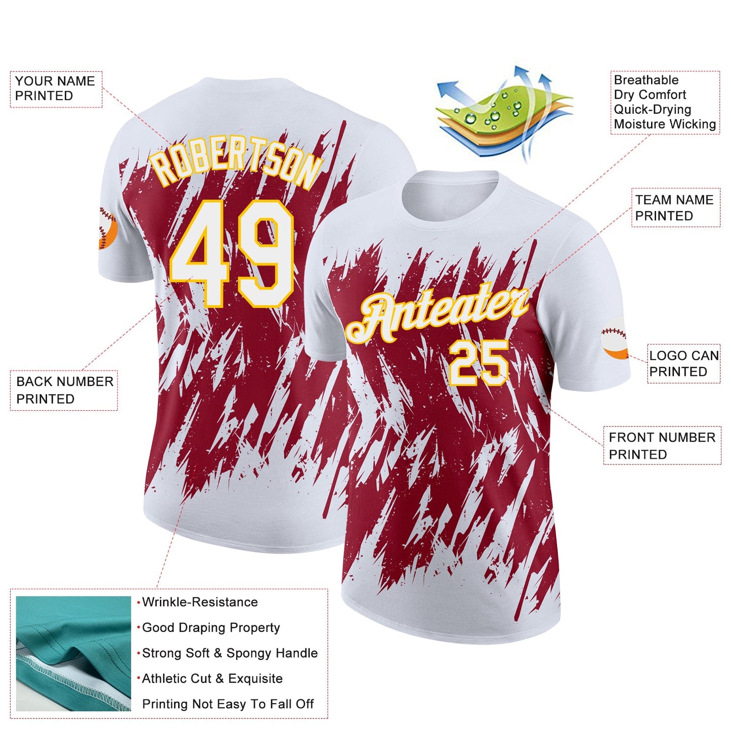 Custom White Crimson-Yellow Torn Sharp Brush Stroke Splatter Performance T-Shirt view 2