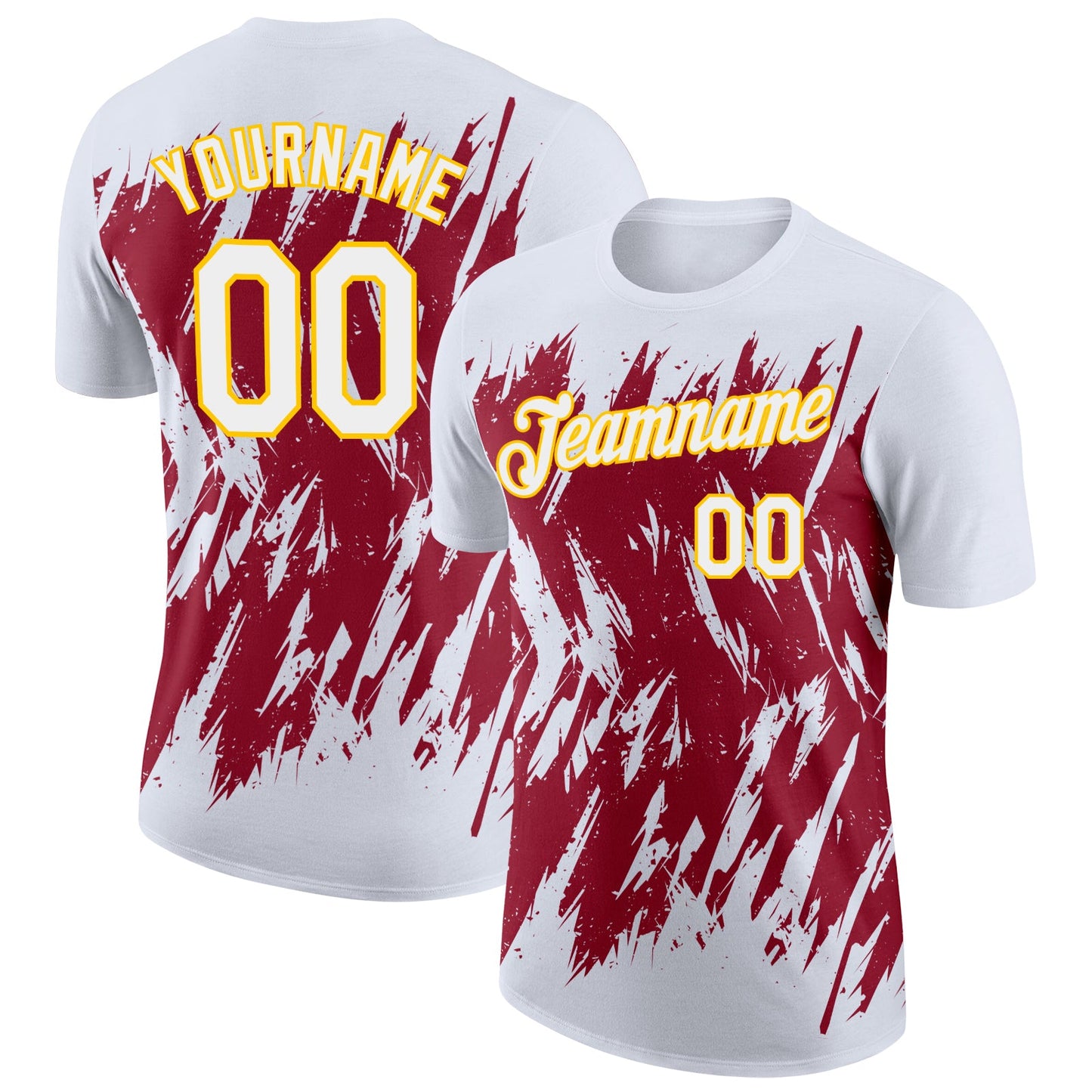 Custom White Crimson-Yellow Torn Sharp Brush Stroke Splatter Performance T-Shirt - Main View