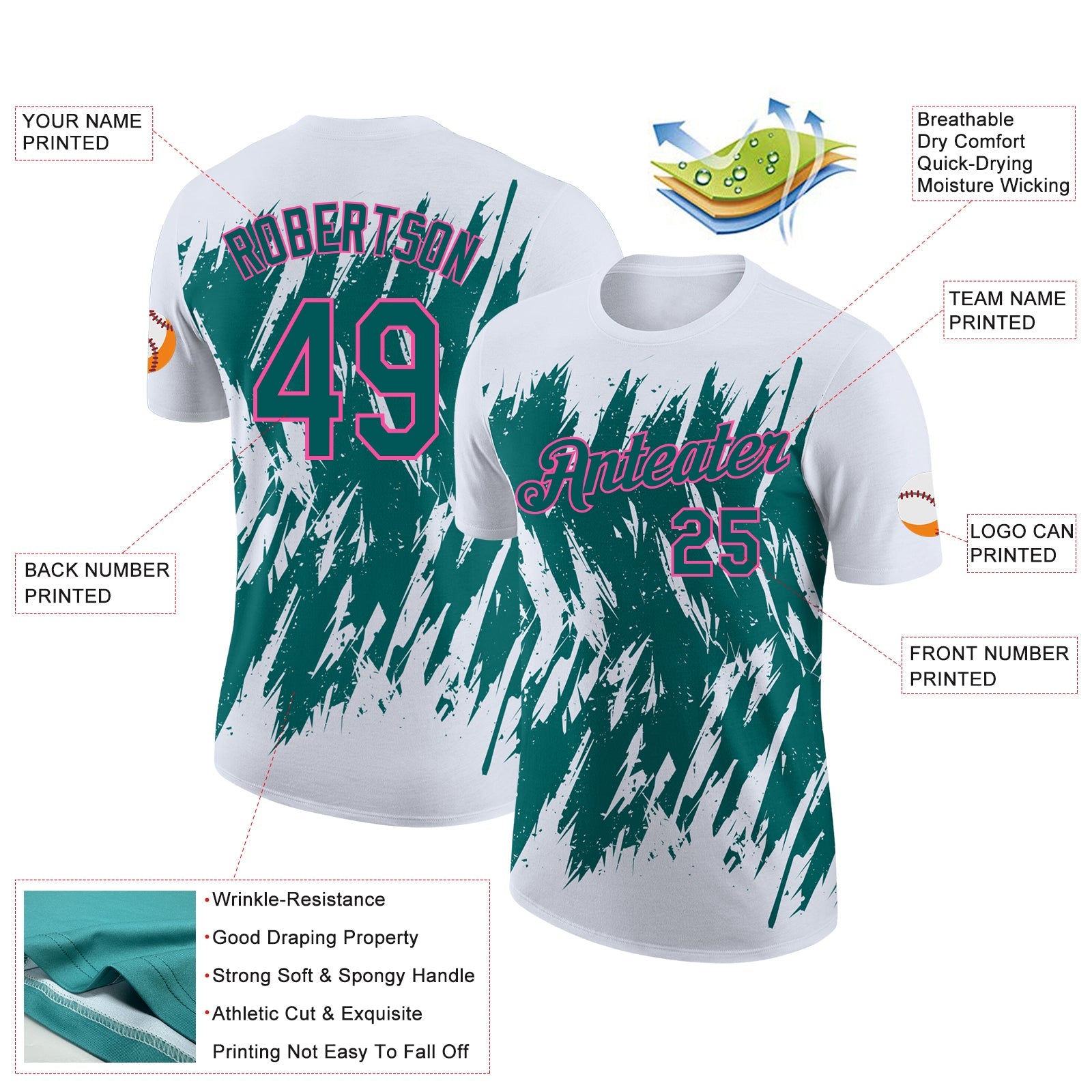 Custom White Teal-Pink Torn Sharp Brush Stroke Splatter Performance T-Shirt view 2