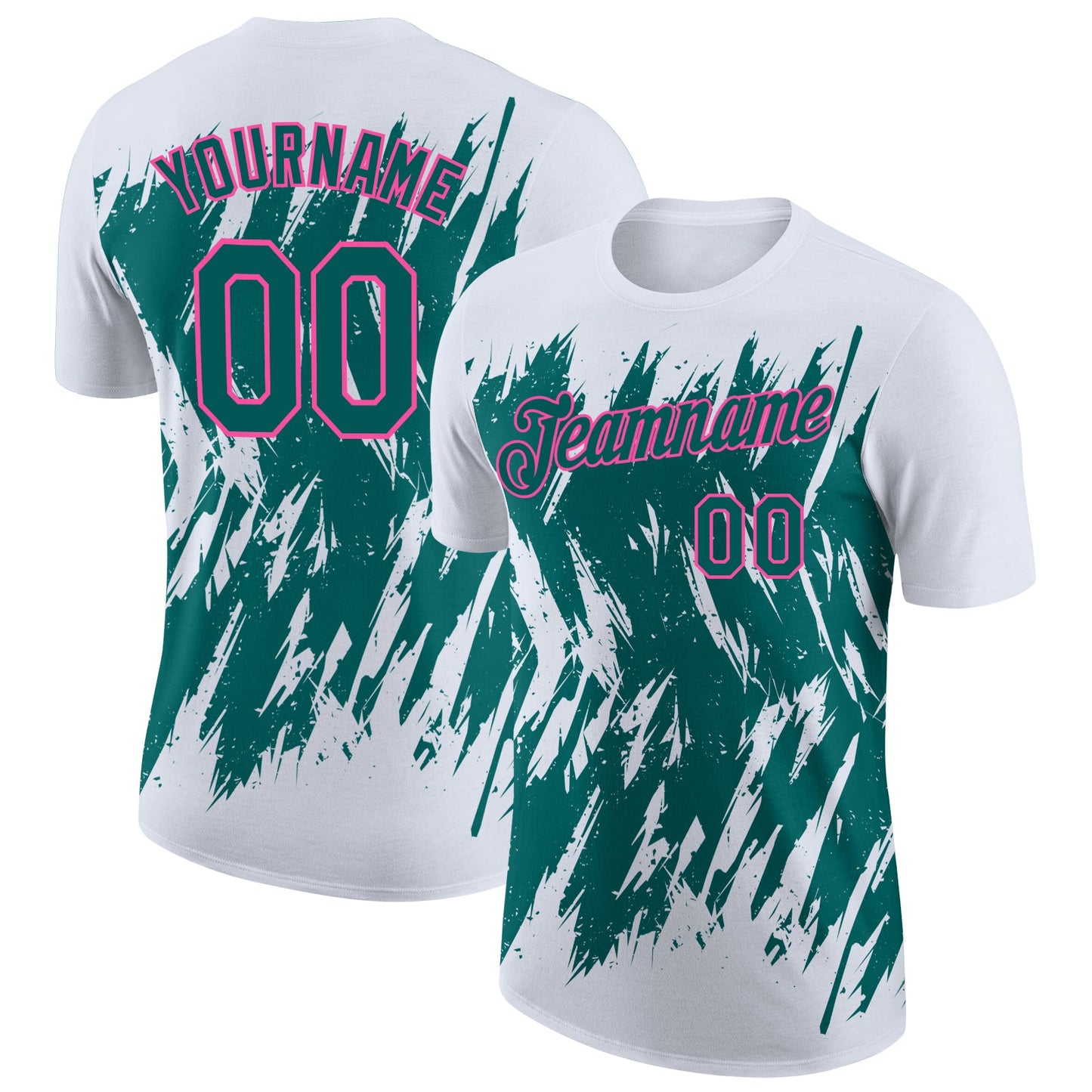 Custom White Teal-Pink Torn Sharp Brush Stroke Splatter Performance T-Shirt - Main View
