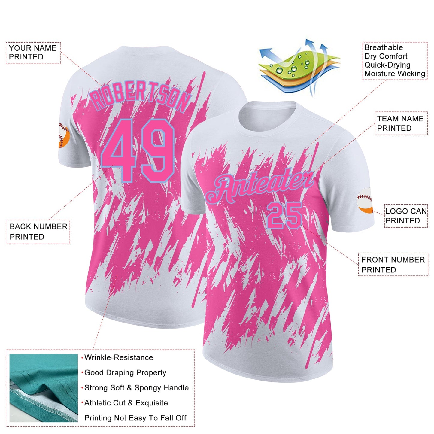 Custom White Pink-Light Blue Torn Sharp Brush Stroke Splatter Performance T-Shirt view 2