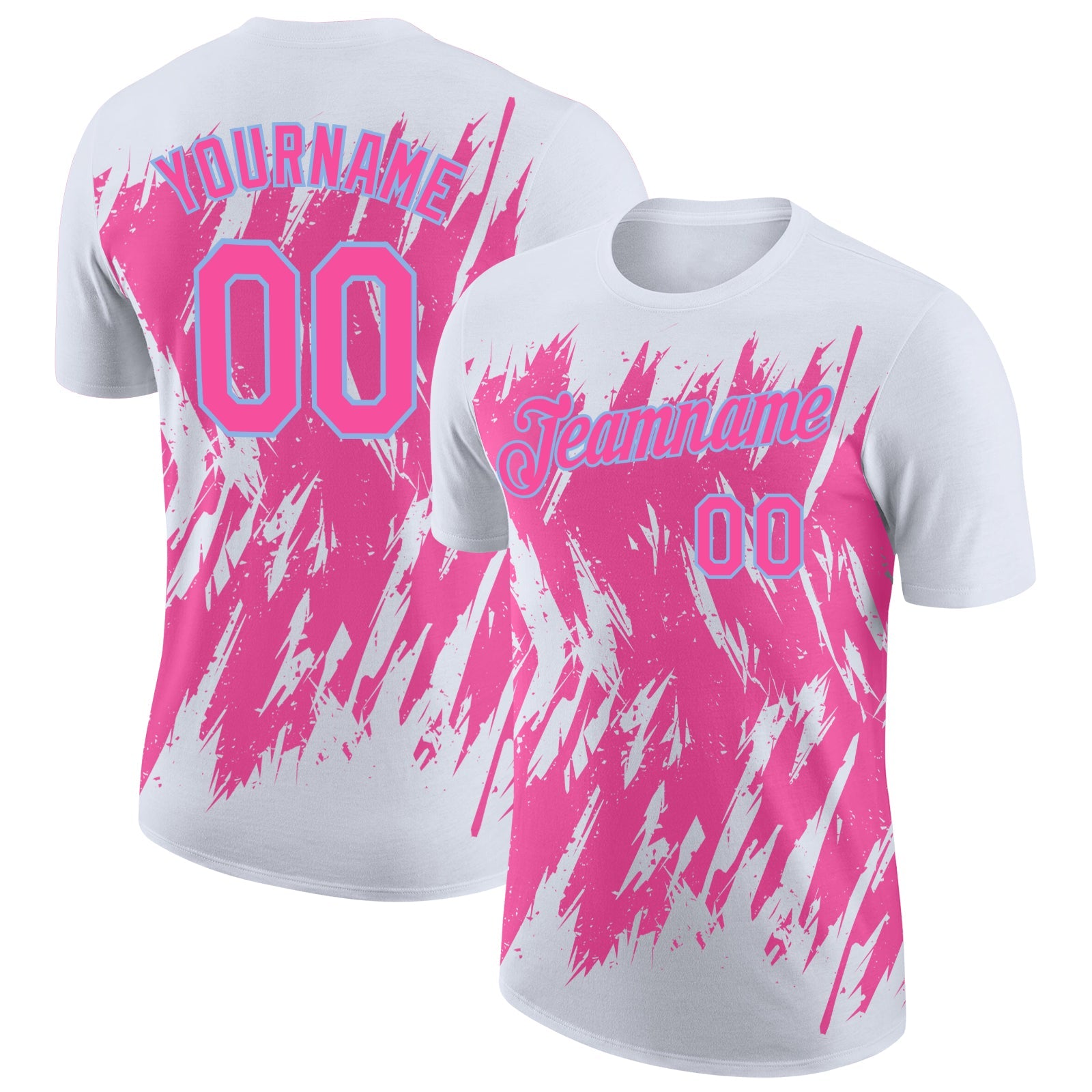 Custom White Pink-Light Blue Torn Sharp Brush Stroke Splatter Performance T-Shirt - Main View