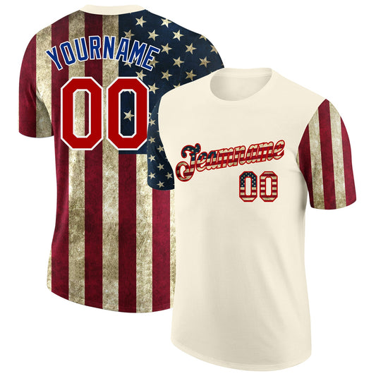 Custom Cream Vintage USA Flag-Red 3D American Flag Fashion Performance T-Shirt - Main View