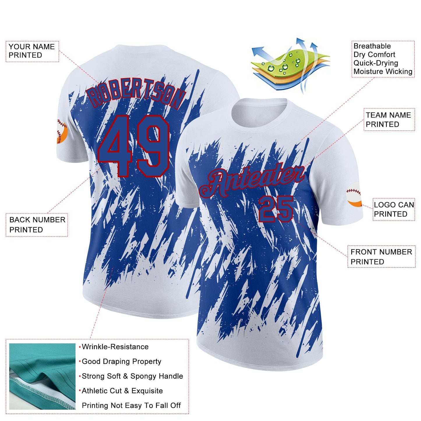 Custom White Royal-Red Torn Sharp Brush Stroke Splatter Performance T-Shirt view 2