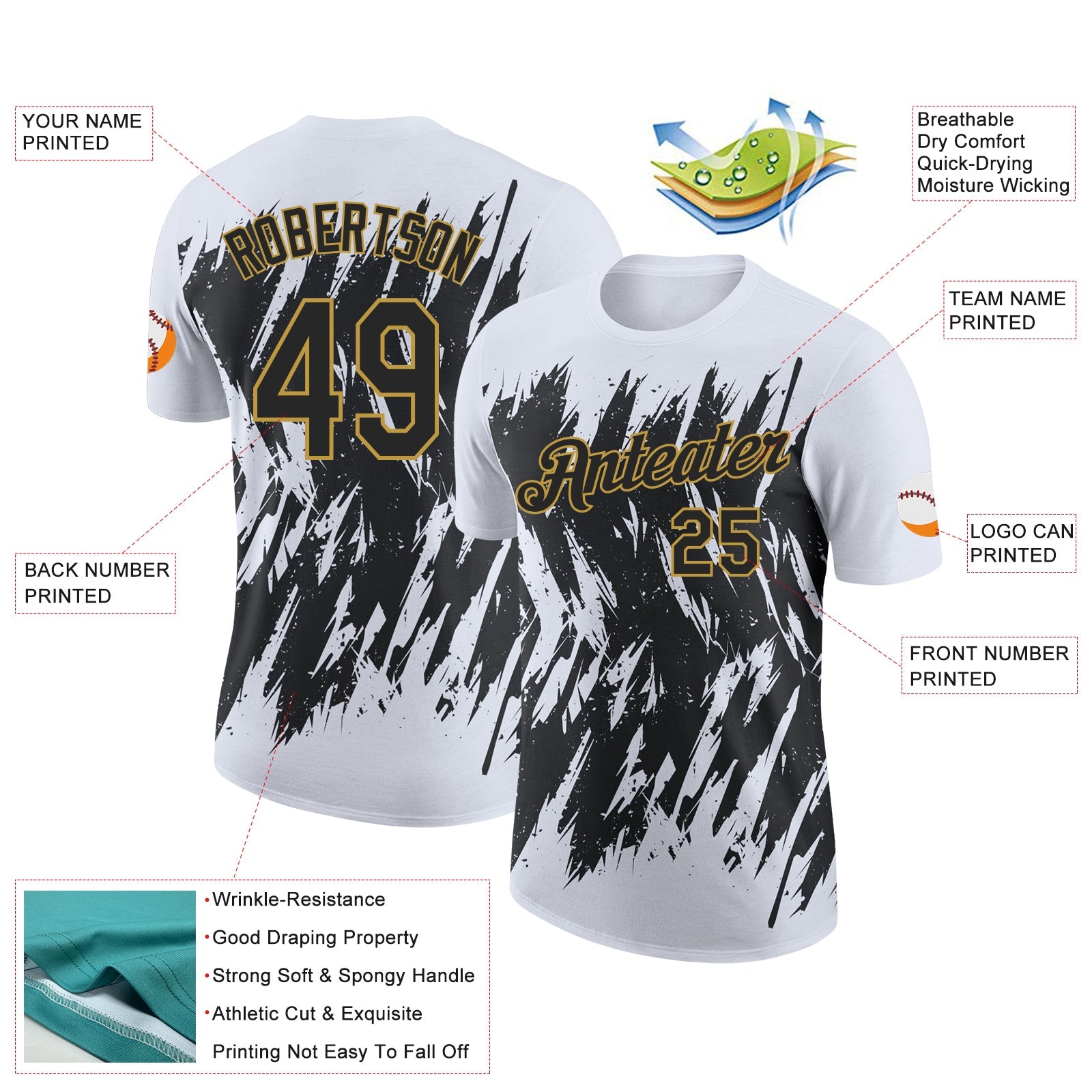 Custom White Black-Old Gold Torn Sharp Brush Stroke Splatter Performance T-Shirt view 2