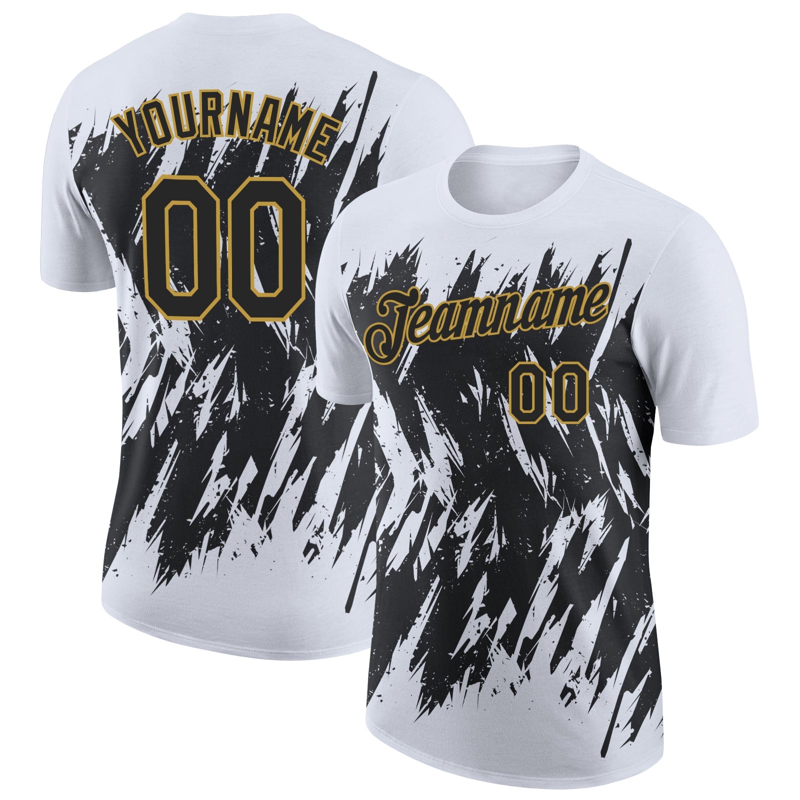 Custom White Black-Old Gold Torn Sharp Brush Stroke Splatter Performance T-Shirt - Main View