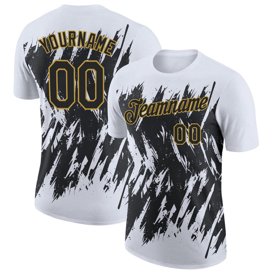 Custom White Black-Old Gold Torn Sharp Brush Stroke Splatter Performance T-Shirt - Main View