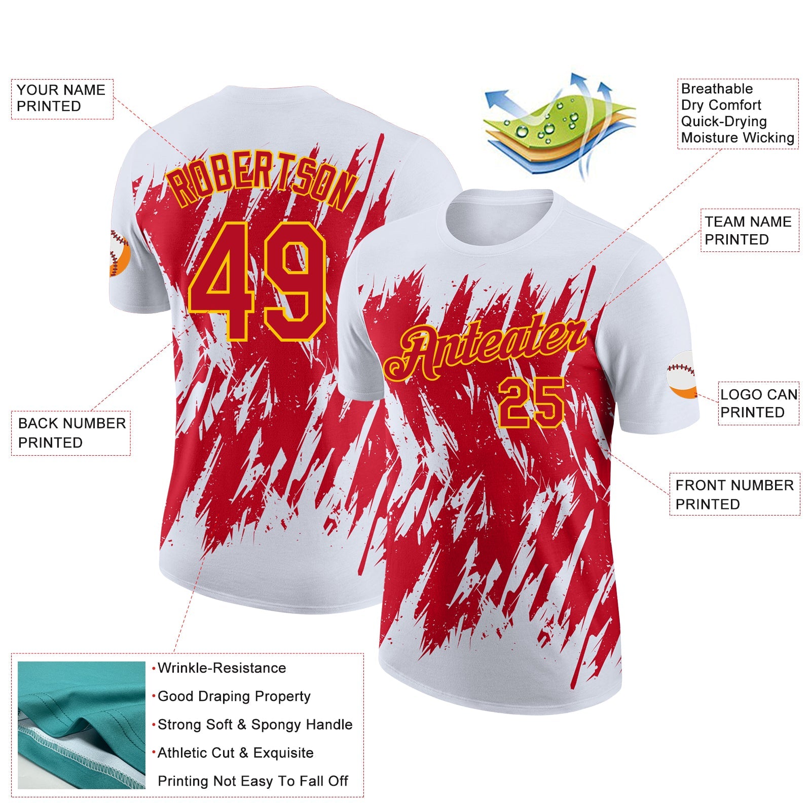 Custom White Red-Yellow Torn Sharp Brush Stroke Splatter Performance T-Shirt view 2