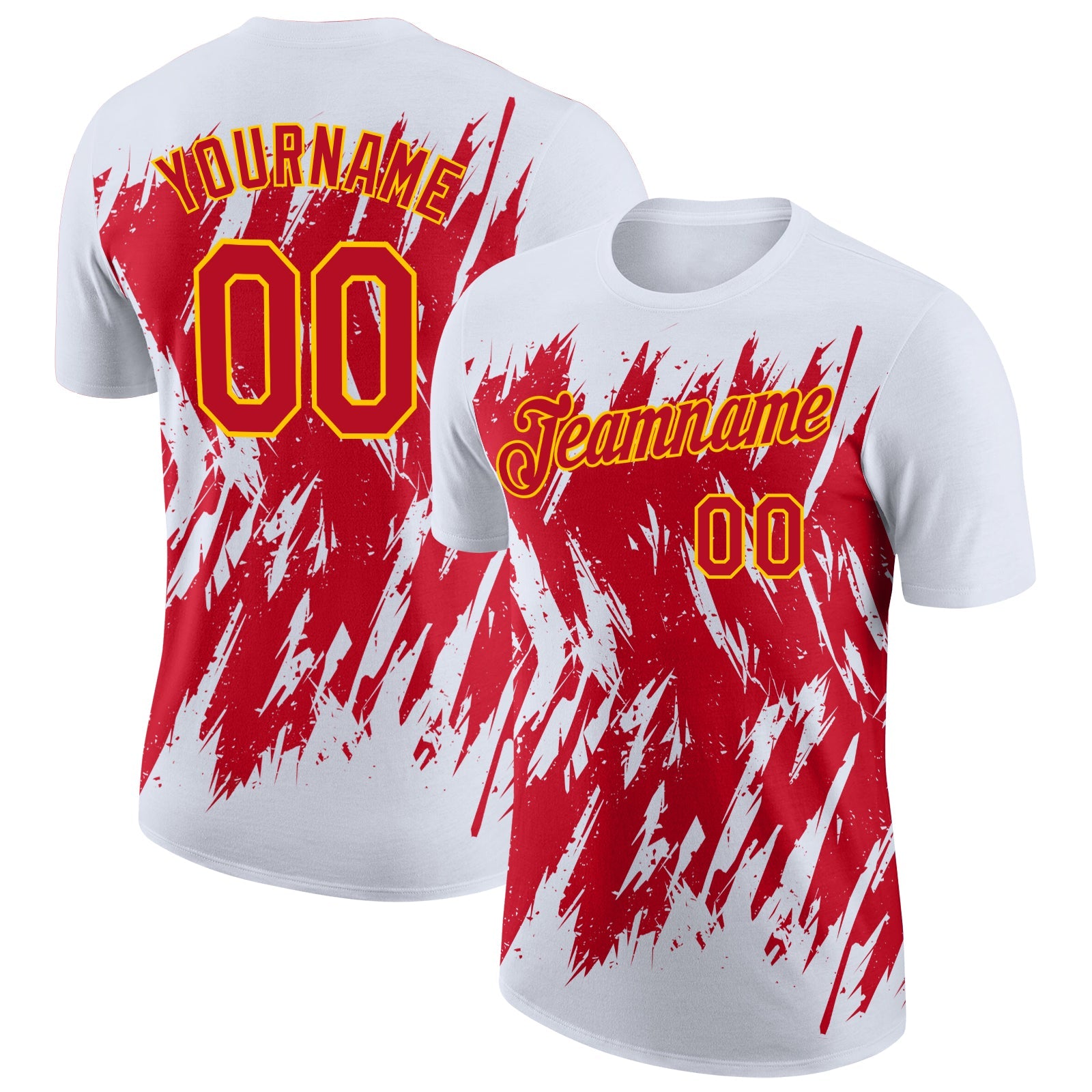Custom White Red-Yellow Torn Sharp Brush Stroke Splatter Performance T-Shirt - Main View