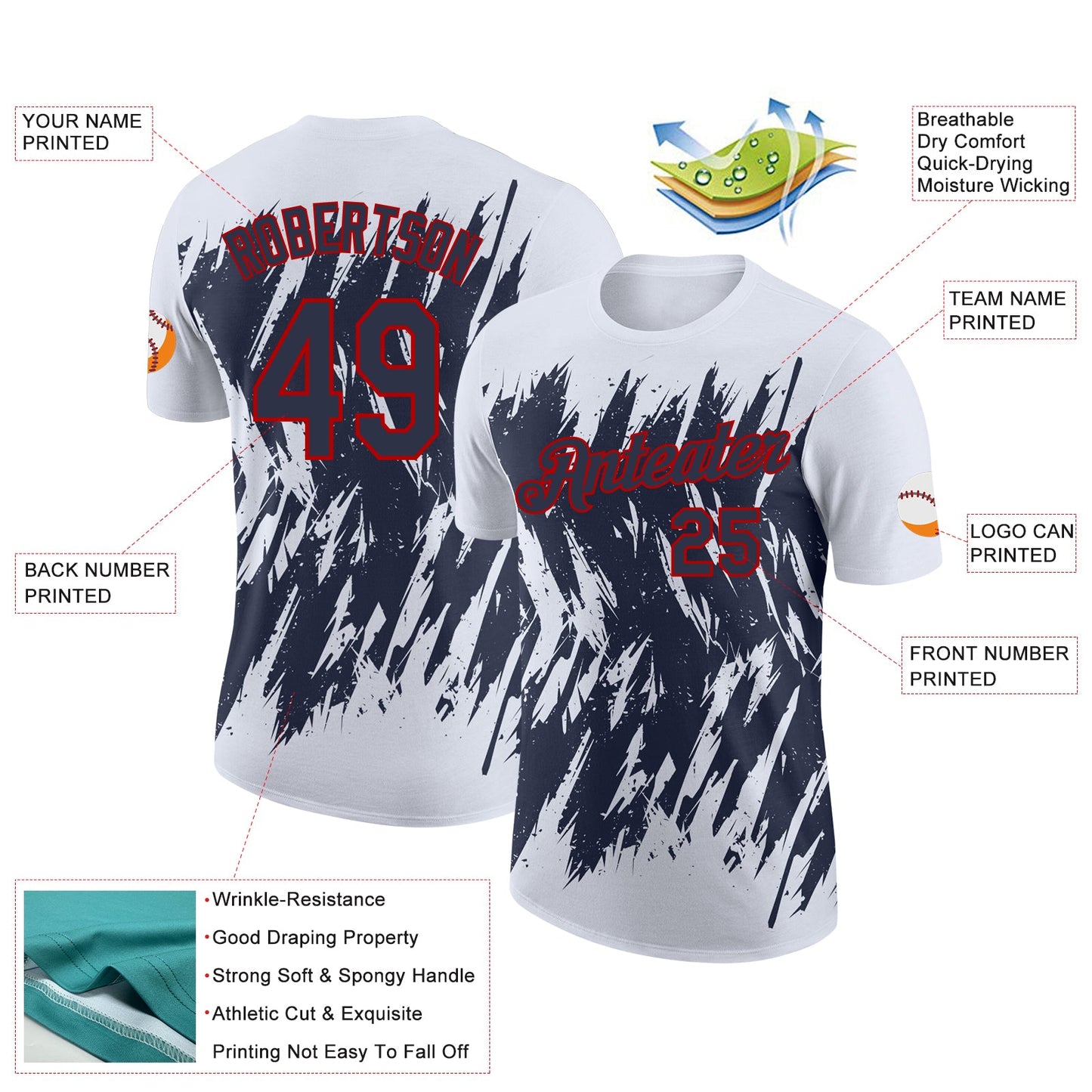 Custom White Navy-Red Torn Sharp Brush Stroke Splatter Performance T-Shirt view 2