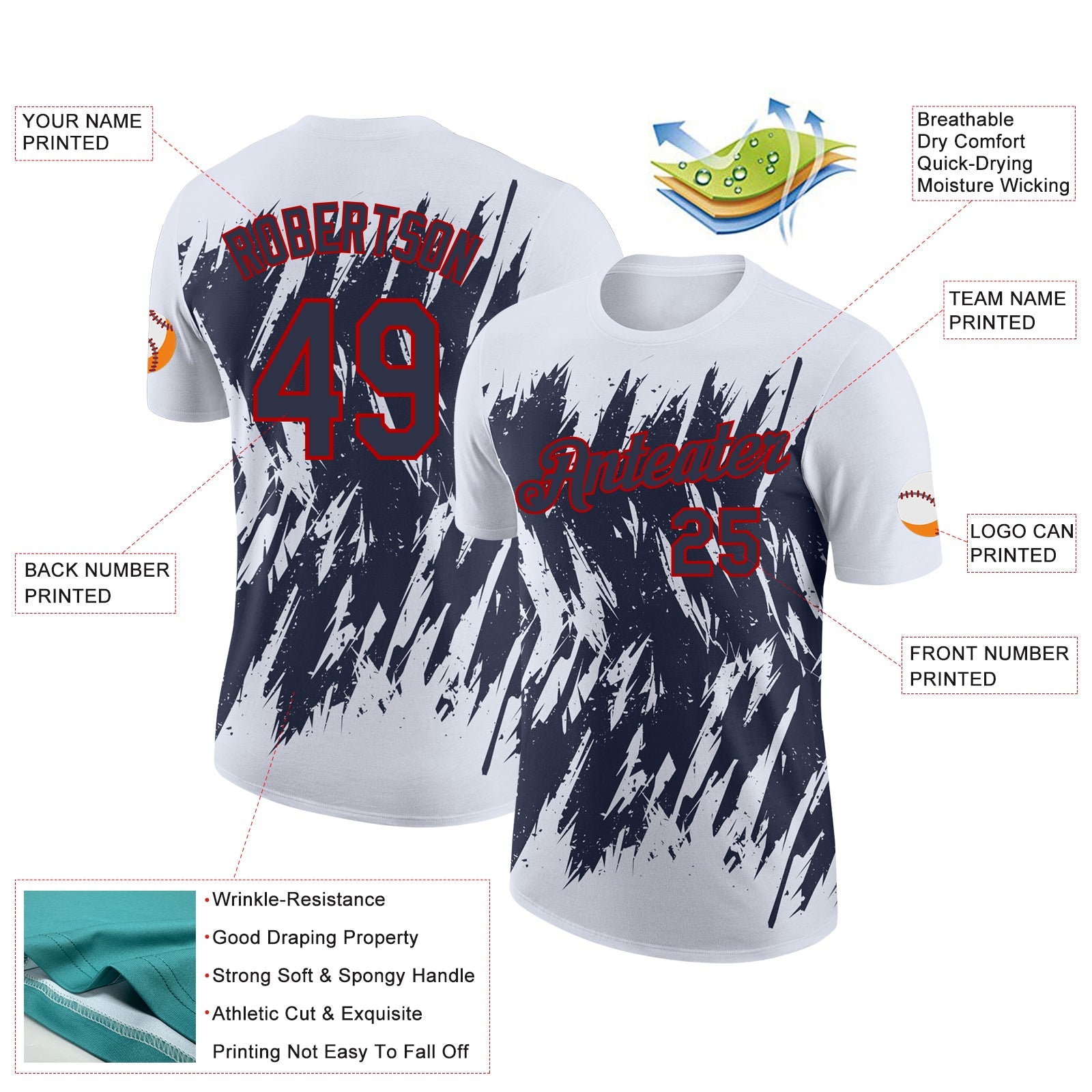 Custom White Navy-Red Torn Sharp Brush Stroke Splatter Performance T-Shirt view 2