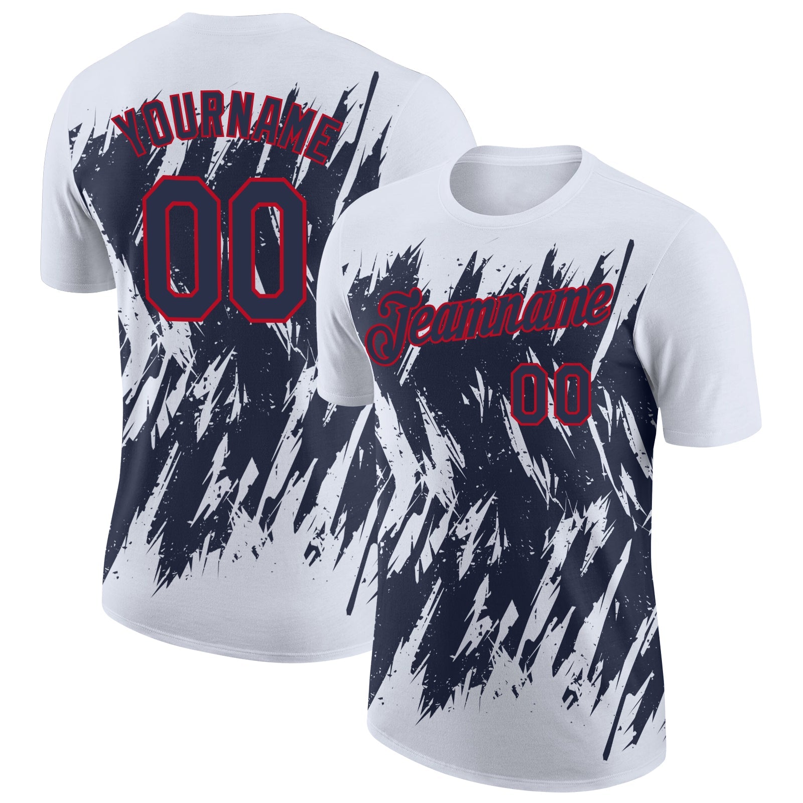 Custom White Navy-Red Torn Sharp Brush Stroke Splatter Performance T-Shirt - Main View