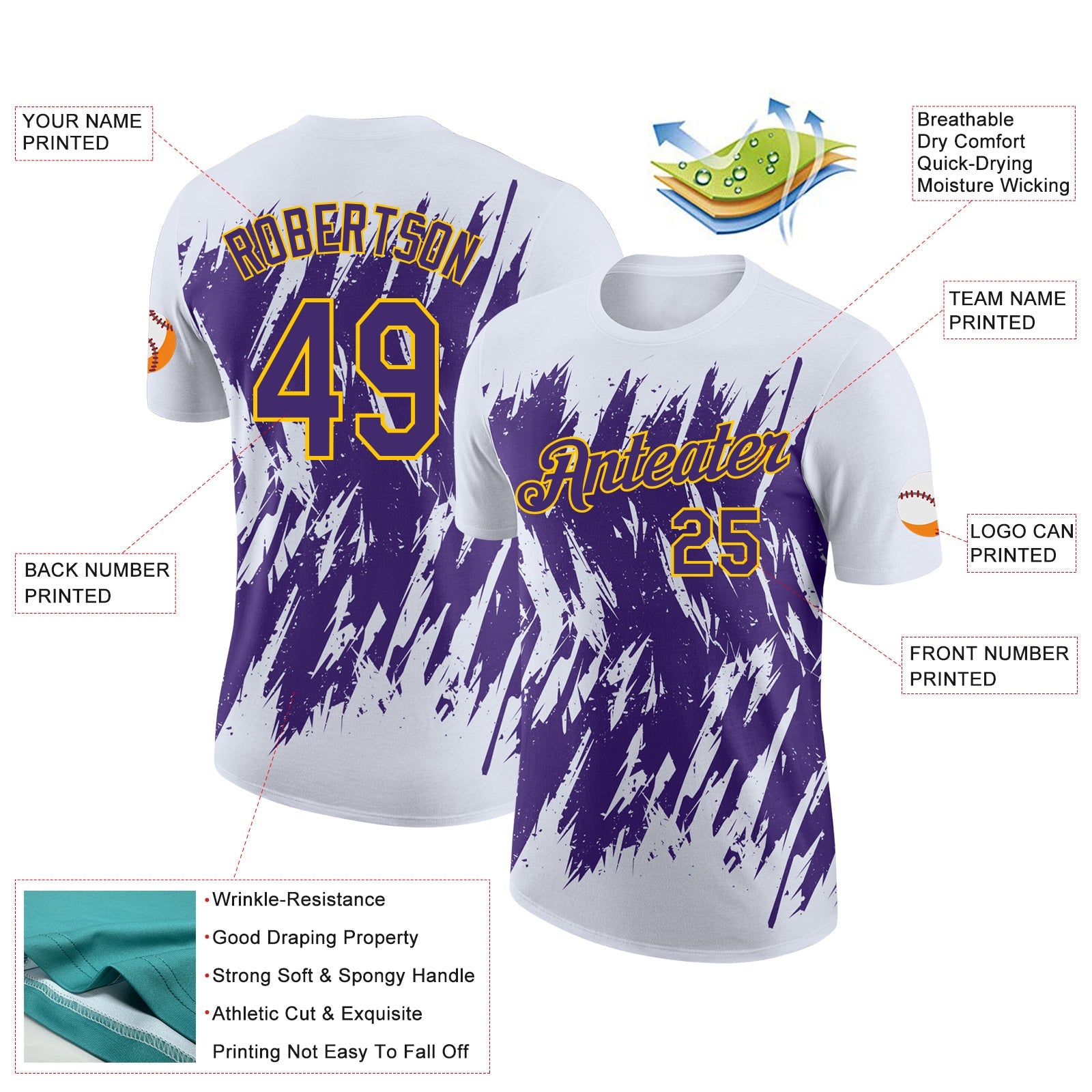 Custom White Purple-Yellow Torn Sharp Brush Stroke Splatter Performance T-Shirt view 2