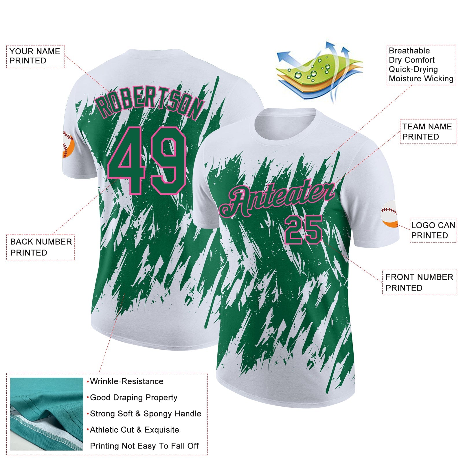 Custom White Kelly Green-Pink Torn Sharp Brush Stroke Splatter Performance T-Shirt view 2