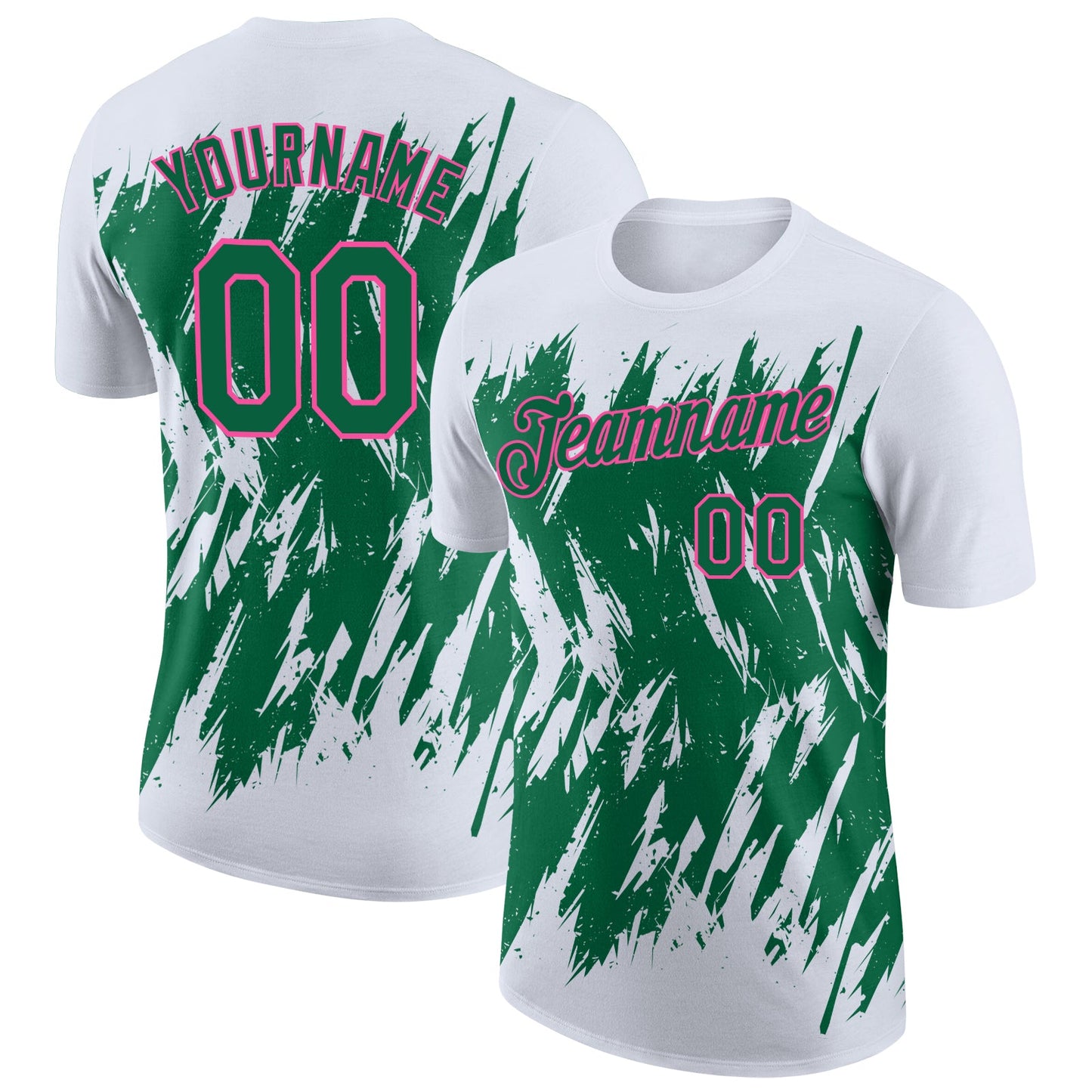 Custom White Kelly Green-Pink Torn Sharp Brush Stroke Splatter Performance T-Shirt - Main View