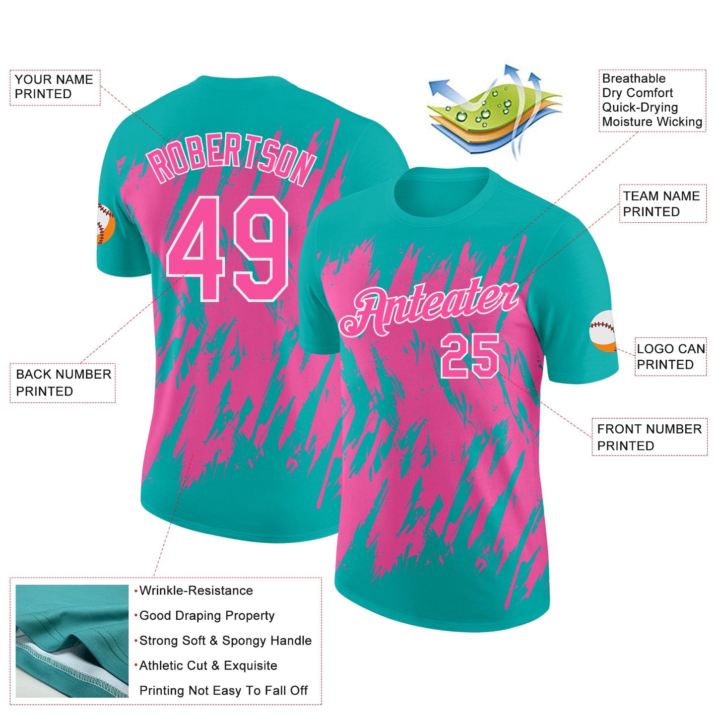 Custom Aqua Pink-White Torn Sharp Brush Stroke Splatter Performance T-Shirt view 2