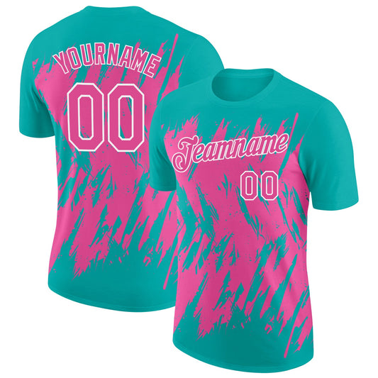 Custom Aqua Pink-White Torn Sharp Brush Stroke Splatter Performance T-Shirt - Main View