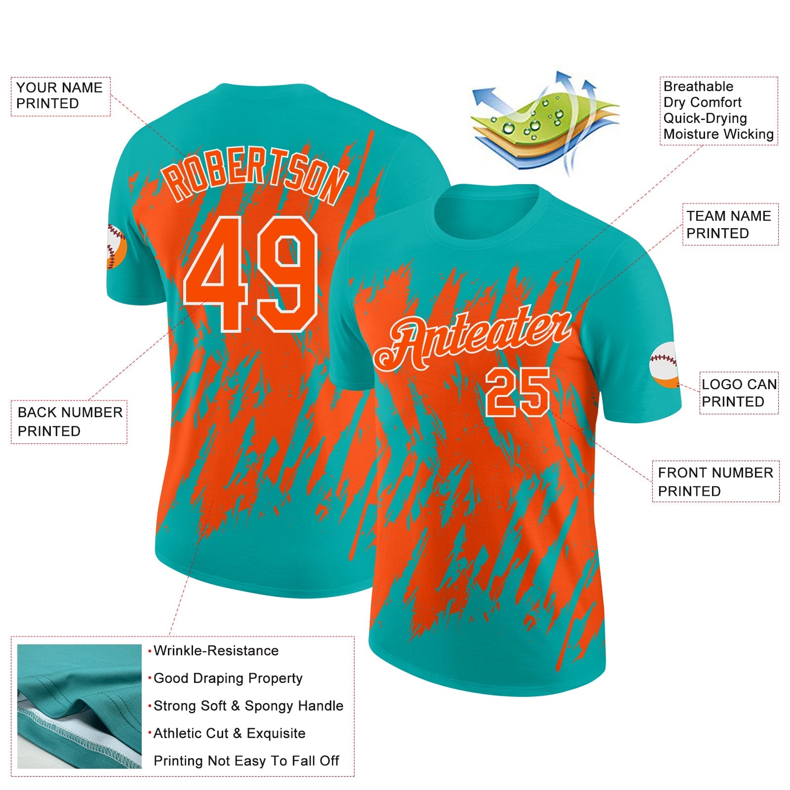Custom Aqua Orange-White Torn Sharp Brush Stroke Splatter Performance T-Shirt view 2