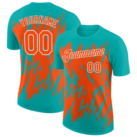 Custom Aqua Orange-White Torn Sharp Brush Stroke Splatter Performance T-Shirt - Main View