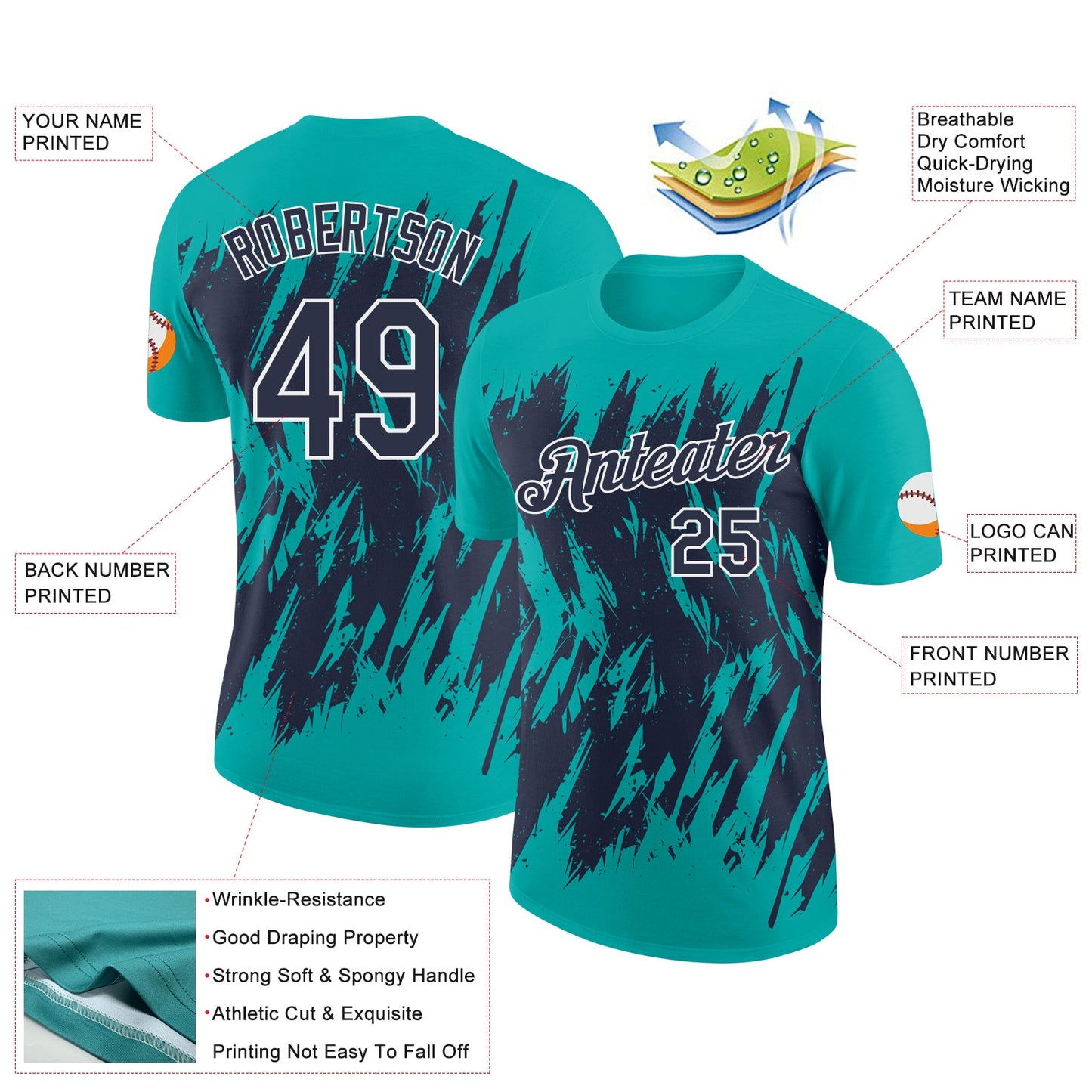 Custom Aqua Navy-White Torn Sharp Brush Stroke Splatter Performance T-Shirt view 2