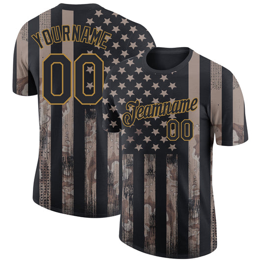 Custom Camo Black-Old Gold 3D American Flag Fashion Performance Salute To Service T-Shirt - Main View