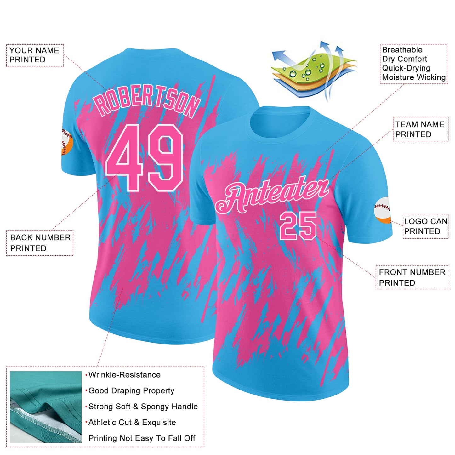 Custom Sky Blue Pink-White Torn Sharp Brush Stroke Splatter Performance T-Shirt view 2
