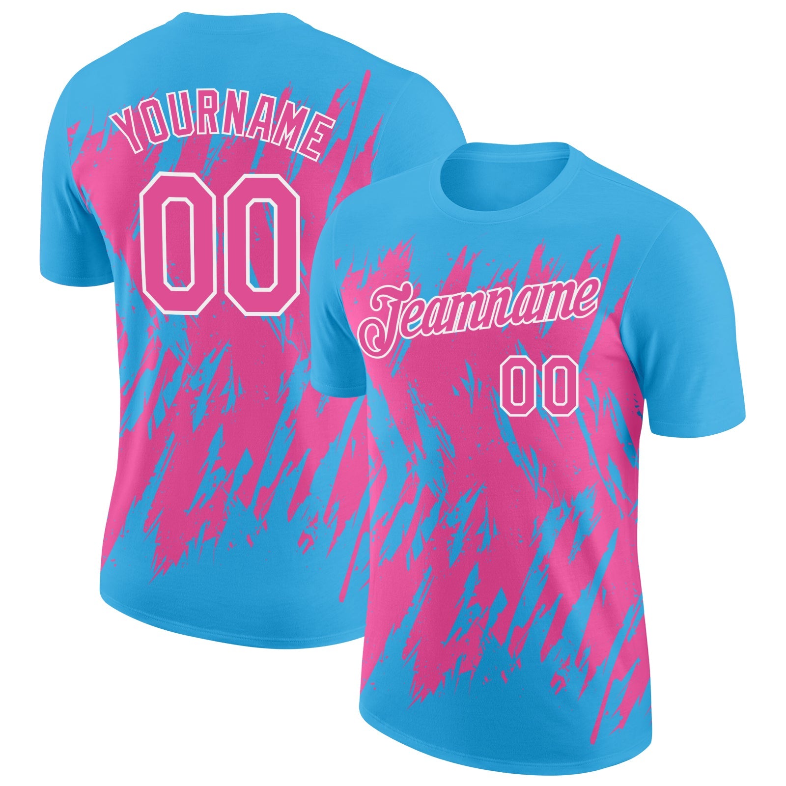 Custom Sky Blue Pink-White Torn Sharp Brush Stroke Splatter Performance T-Shirt - Main View