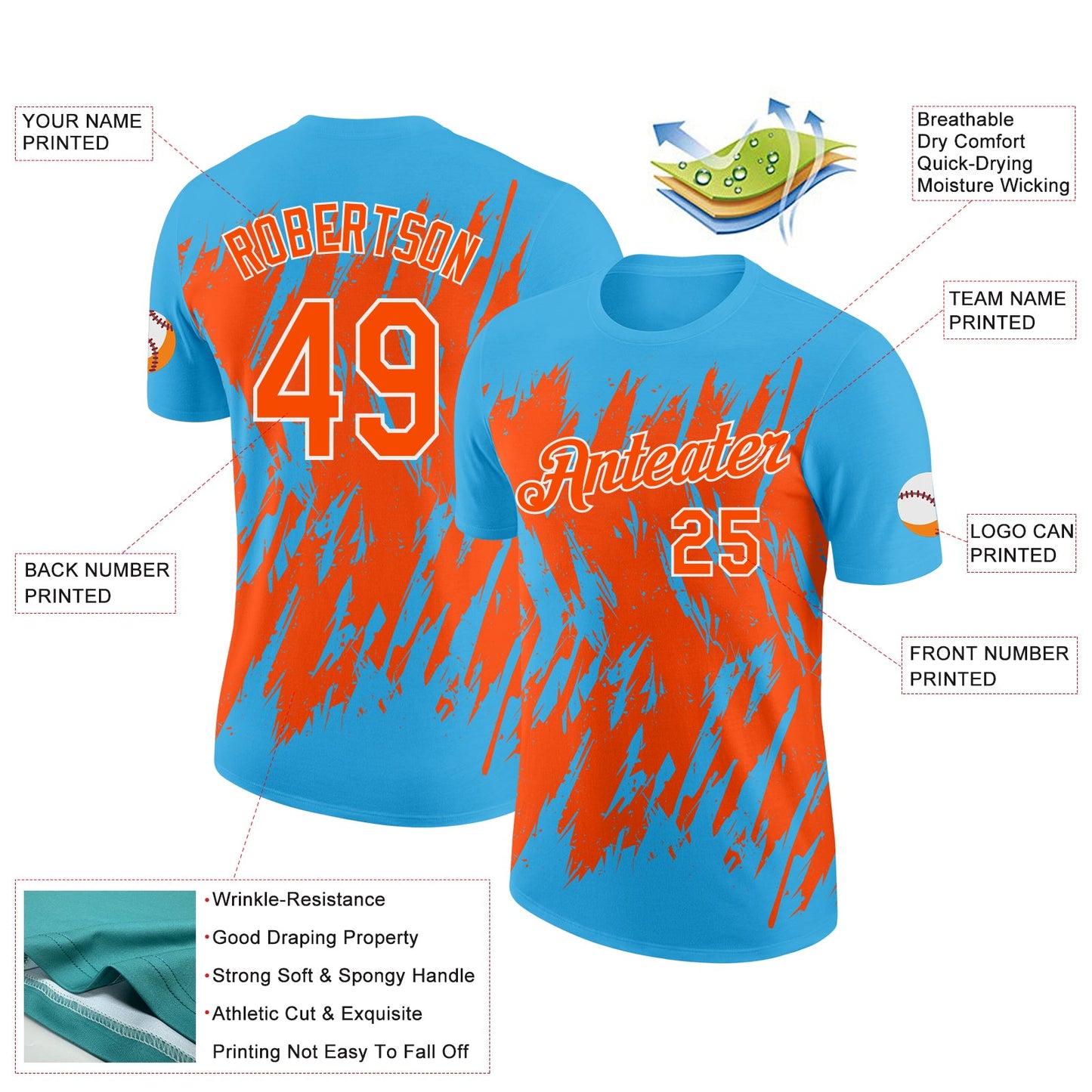 Custom Sky Blue Orange-White Torn Sharp Brush Stroke Splatter Performance T-Shirt view 2