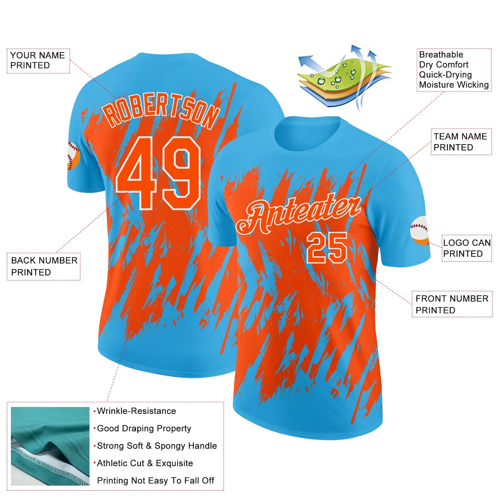 Custom Sky Blue Orange-White Torn Sharp Brush Stroke Splatter Performance T-Shirt view 2