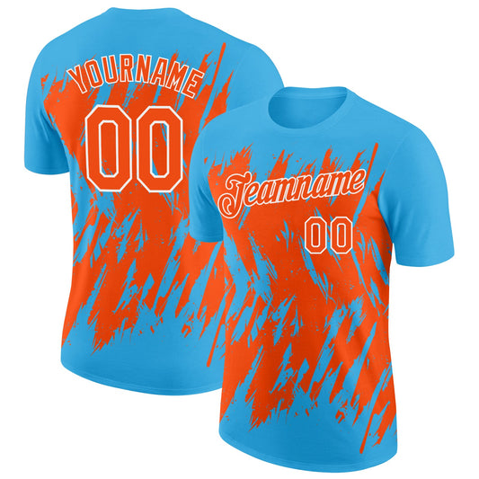 Custom Sky Blue Orange-White Torn Sharp Brush Stroke Splatter Performance T-Shirt - Main View