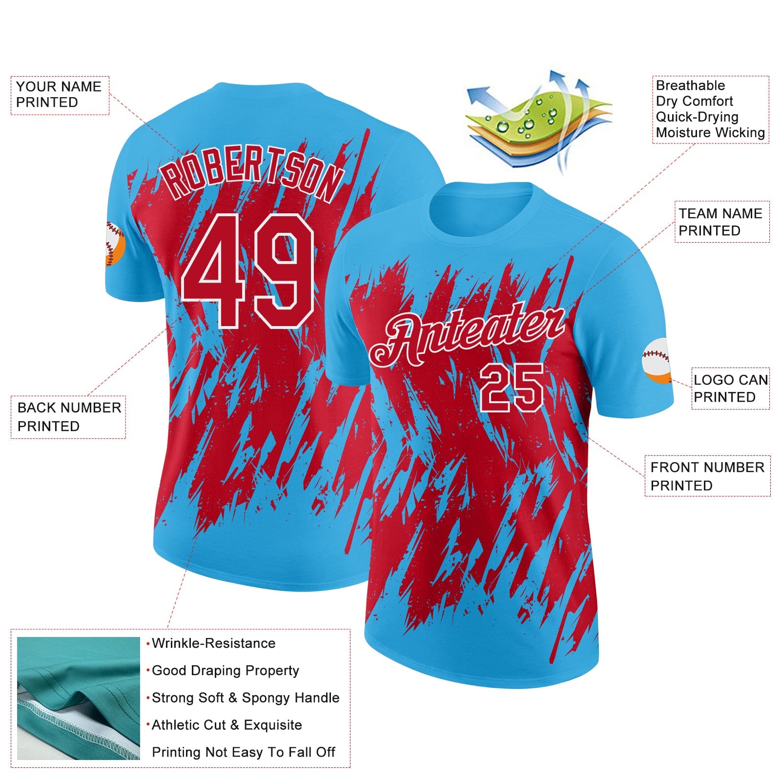 Custom Sky Blue Red-White Torn Sharp Brush Stroke Splatter Performance T-Shirt view 2