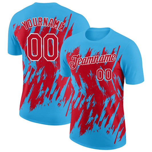 Custom Sky Blue Red-White Torn Sharp Brush Stroke Splatter Performance T-Shirt - Main View