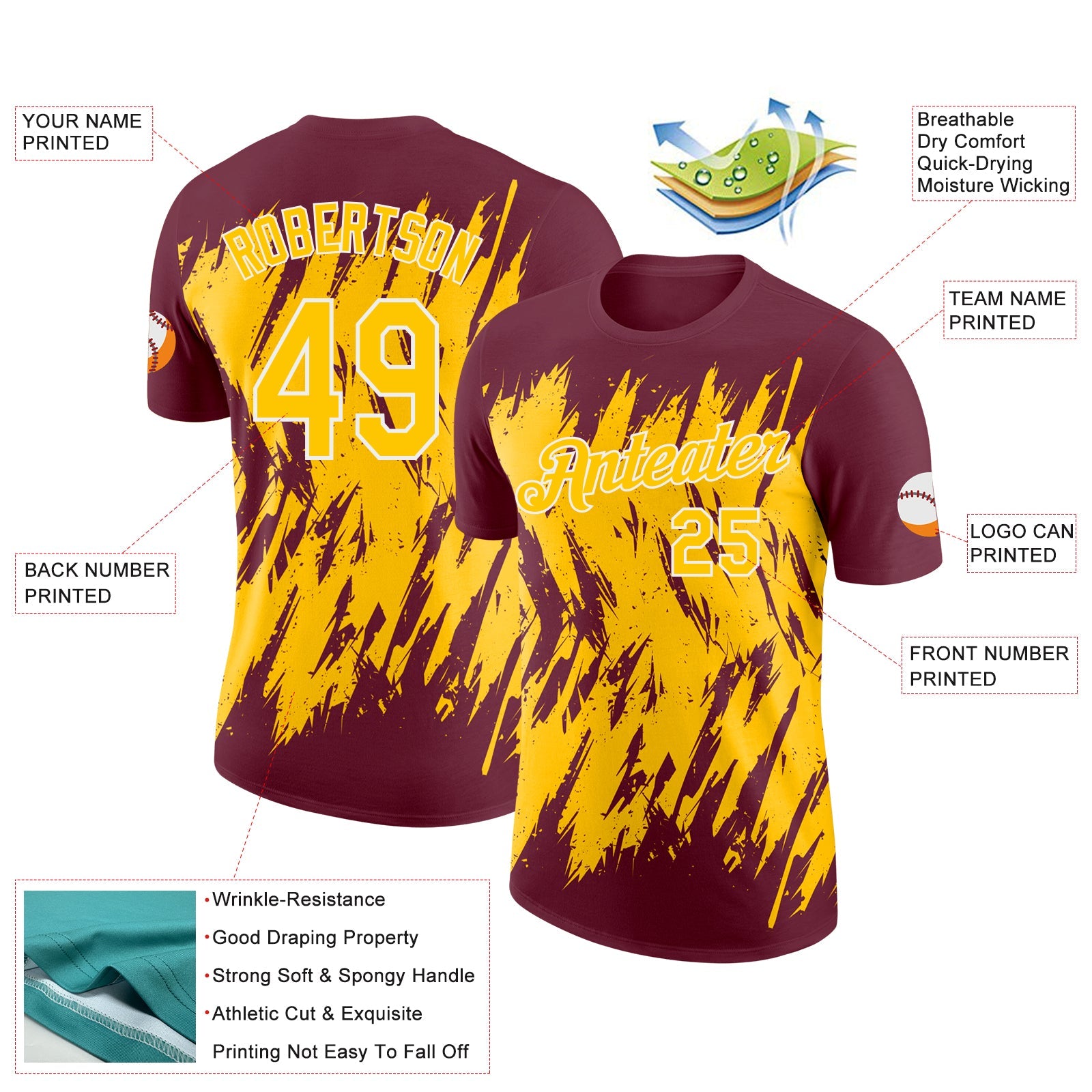 Custom Burgundy Yellow-White Torn Sharp Brush Stroke Splatter Performance T-Shirt view 2