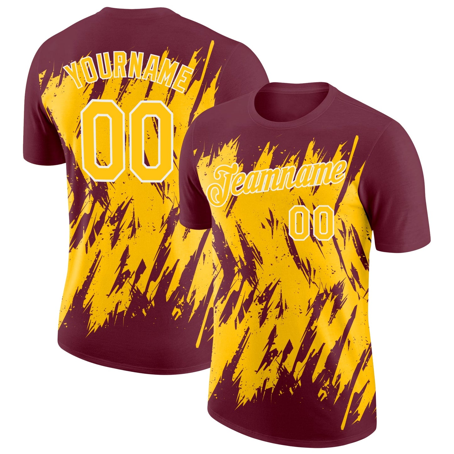 Custom Burgundy Yellow-White Torn Sharp Brush Stroke Splatter Performance T-Shirt - Main View