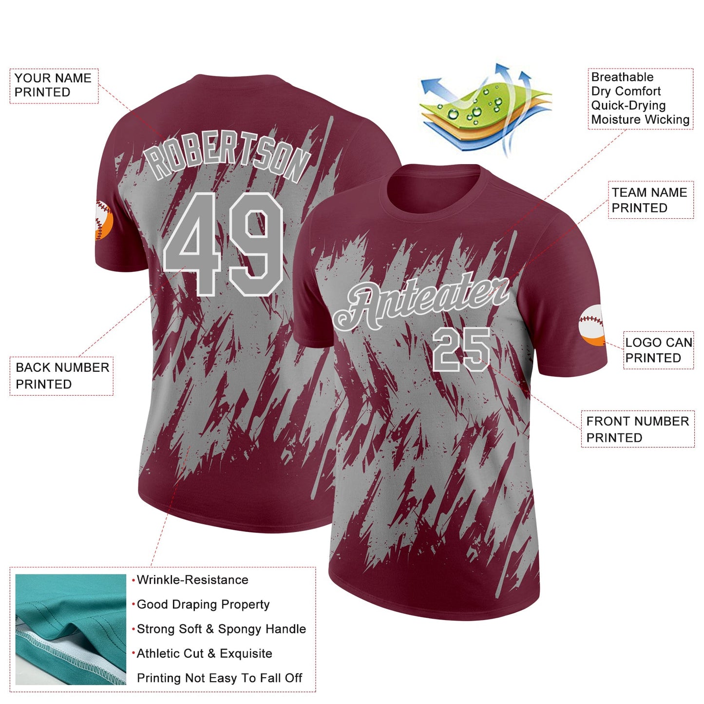 Custom Burgundy Gray-White Torn Sharp Brush Stroke Splatter Performance T-Shirt view 2