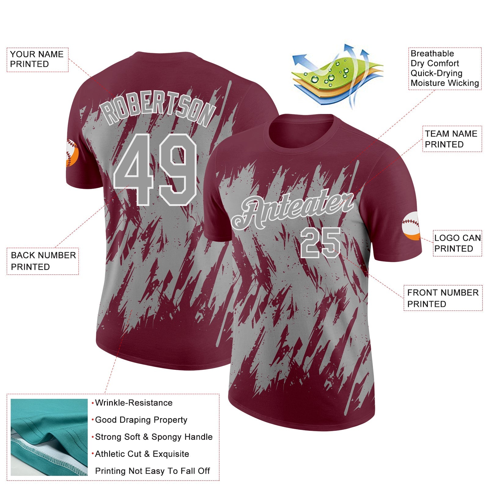 Custom Burgundy Gray-White Torn Sharp Brush Stroke Splatter Performance T-Shirt view 2