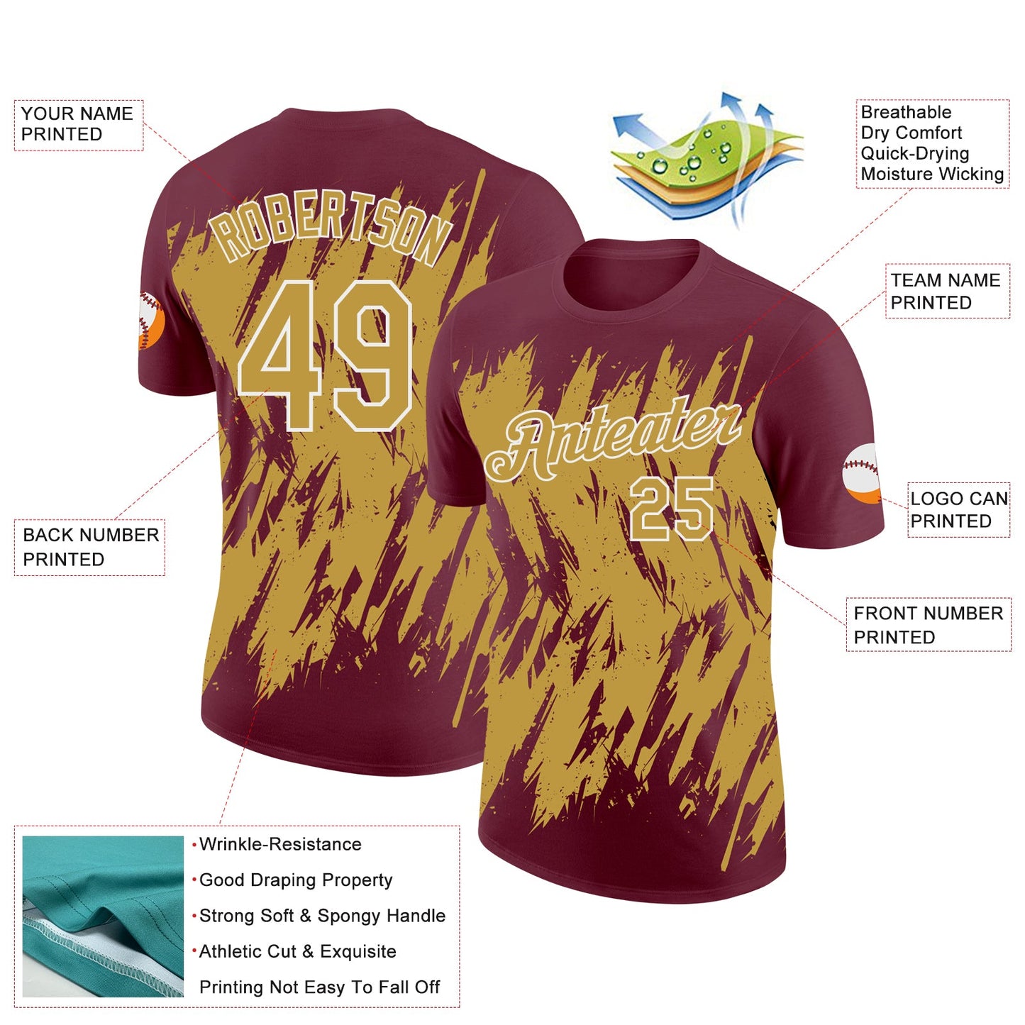 Custom Burgundy Old Gold-White Torn Sharp Brush Stroke Splatter Performance T-Shirt view 2